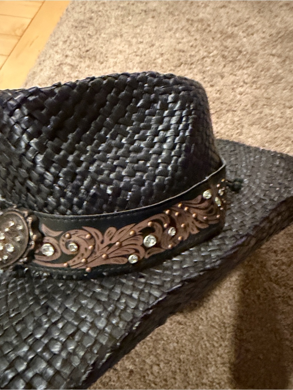Peter Grimm Black Woven Straw Western Hat with Decorative Brown Band